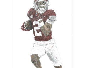 May include: A pencil drawing of a football player wearing a red and white uniform with the number 2 on the front. The player is wearing a helmet and is holding a football in his right hand.