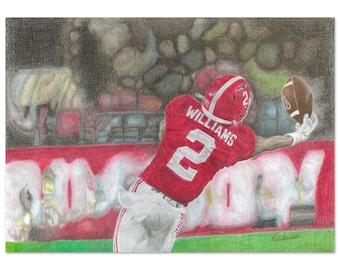 May include: A pencil drawing of a football player in a red and white uniform with the number 2 and the name "Williams" on the back of the jersey. The player is reaching up to catch a football. The background is a blurred image of a stadium.
