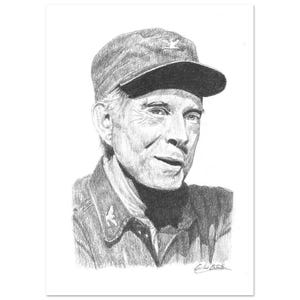 May include: A black and white pencil drawing of a man wearing a cap with a military insignia. He is wearing a jacket with a patch on the left side. The drawing is signed "E.W. Batch"
