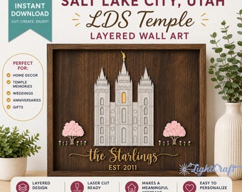 Salt Lake City LDS Temple Wall Art SVG PDF | Personalized Family Name Sign | Laser Cut Temple Decor | Religious Home Art