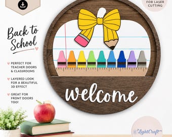 Back to School Door Insert SVG & PDF | Wooden Welcome Sign | Apple Crayon Pencil Insert | Classroom Decor | Cricut Laser File