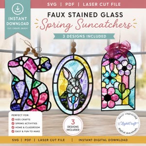 May include: Three faux stained glass suncatcher designs featuring a rabbit silhouette, a rabbit in an oval frame, and a floral arch. The digital file includes SVG, PDF, and laser cut formats with text labels indicating instant download.
