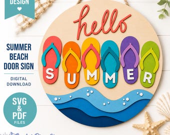 Hello Summer Door Hanger SVG | Layered Summer Beach Door Sign | Flip Flop Welcome Sign | Laser Cut File | Glowforge SVG | PDF