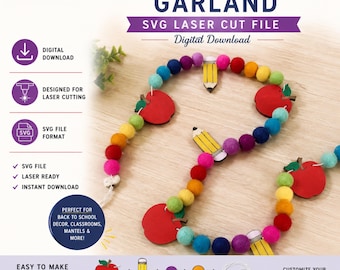 Back to School Garland SVG PDF | Apple & Pencil Banner | Classroom Decor | Teacher Garland | Cricut Laser Cut File