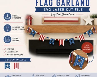 Fourth of July Garland SVG & PDF | Patriotic Pennant Banner | Red White Blue Decor | Cricut Laser Cut File
