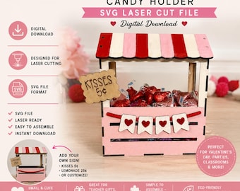 Little Kissing Booth SVG | Valentine Candy Holder | Hershey Kisses Holder SVG | Kids Valentine Craft | Laser Cut SVG