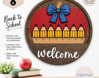 Back to School Door Insert SVG & PDF | Wooden Welcome Sign | Apple Pencil Insert | Classroom Decor | Cricut Laser File