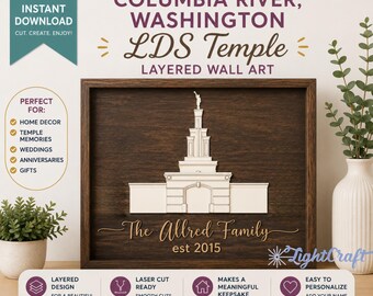 Columbia River Washington LDS Temple Wall Art SVG PDF | Personalized Family Name Sign | Laser Cut Temple Decor | Religious Home Art