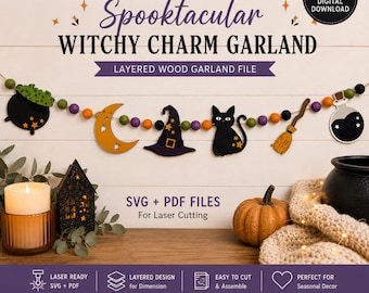 Witchy Charm Garland SVG, Halloween Garland Laser Cut File, Witch SVG Bundle, Cauldron Cat Broom Potion svg, Halloween Decor PDF