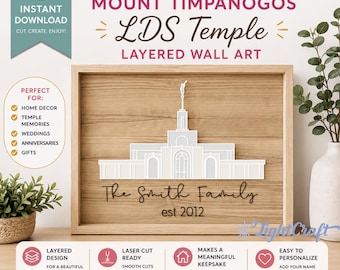 Mount Timpanogos LDS Temple Wall Art SVG PDF | Personalized Family Name Sign | Laser Cut Temple Decor | Religious Home Art
