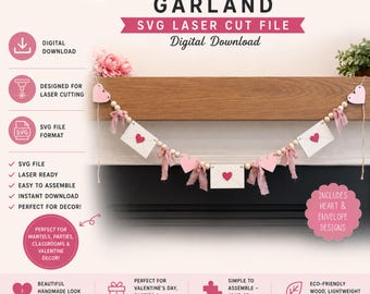 Valentine Garland SVG PDF | Envelope & Heart Banner | Valentine Decor | Cricut Cut File | Kids Valentine Craft | Instant Download