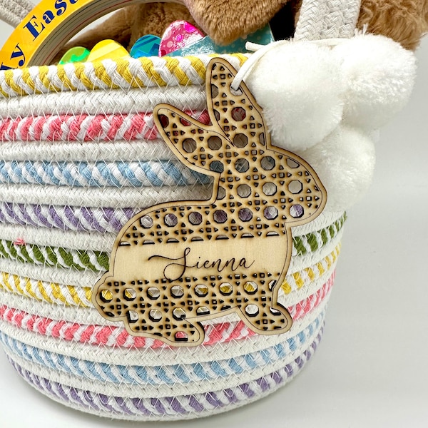 Easter Basket Tags with Custom Personalization MANY DESIGNS Rattan Wood