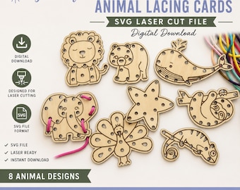 May include: A digital download SVG laser cut file for Montessori animal lacing cards featuring eight wooden animal shapes including a lion, bear, whale, elephant, starfish, sloth, peacock, and chameleon with pre-cut holes for lacing practice.