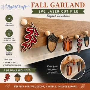 May include: A digital download SVG laser cut file for an autumn garland featuring wooden oak leaf, acorn, and pumpkin shapes strung on twine with wooden beads. The design includes two-piece layered elements for depth and text reading FALL GARLAND.