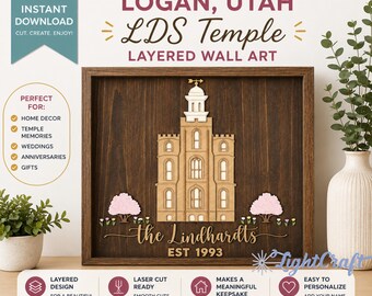 Logan Utah LDS Temple Wall Art SVG PDF | Personalized Family Name Sign | Laser Cut Temple Decor | Layered Art