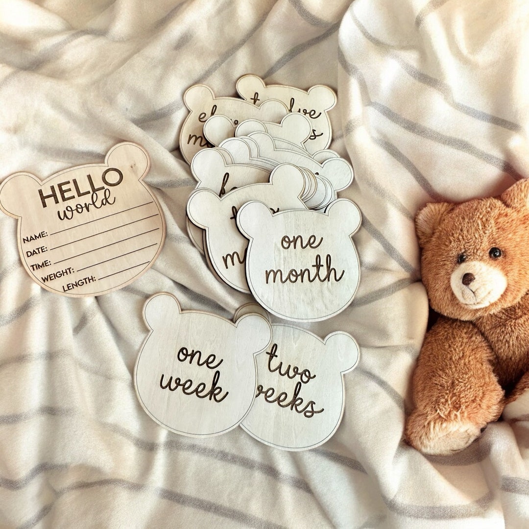 Baby Monthly Milestone Teddy Bear Engraved Wood Set, Baby Gift, Photo ...