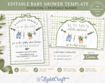 Little Sprout Baby Shower Invitation Template, Editable Canva Invite, Printable Shower Banner, Garden Shower, Boy Baby Shower