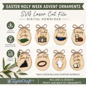 May include: A set of eight egg-shaped wooden ornaments featuring laser-cut designs for Easter Holy Week. Each ornament displays a day of the week and a corresponding icon, including a palm branch, temple, oil lamp, bread, cup, crown of thorns, and tomb.