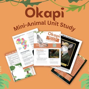May include: A set of printable educational worksheets about the Okapi, a mammal native to the Democratic Republic of Congo. The worksheets include a map of Africa, a word search, and a fill-in-the-blank activity. The title of the set is "Okapi Mini-Animal Unit Study".