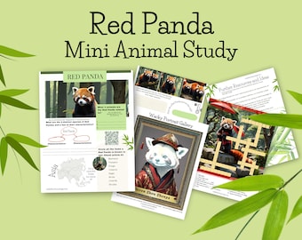 Puede incluir: Un estudio de animales mini de panda rojo imprimible con un mapa de Asia, una ilustración de panda rojo, un retrato de panda rojo y un crucigrama de panda rojo. El texto "Red Panda Mini Animal Study" está en la parte superior de la página.