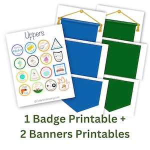 May include: Printable set of badges and banners for kids. The badges feature colorful illustrations of activities like baking, driving, and playing music. The banners are blue and green with a rope and tassels.