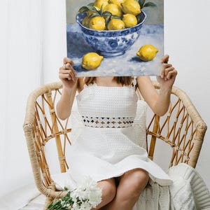 Impressionist Blue and White Porcelain Bowl, Vibrant Yellow Lemon Art, Kitchen Decor, Wall Art, Decor Housewarming Gift, Canvas Gallery Wrap