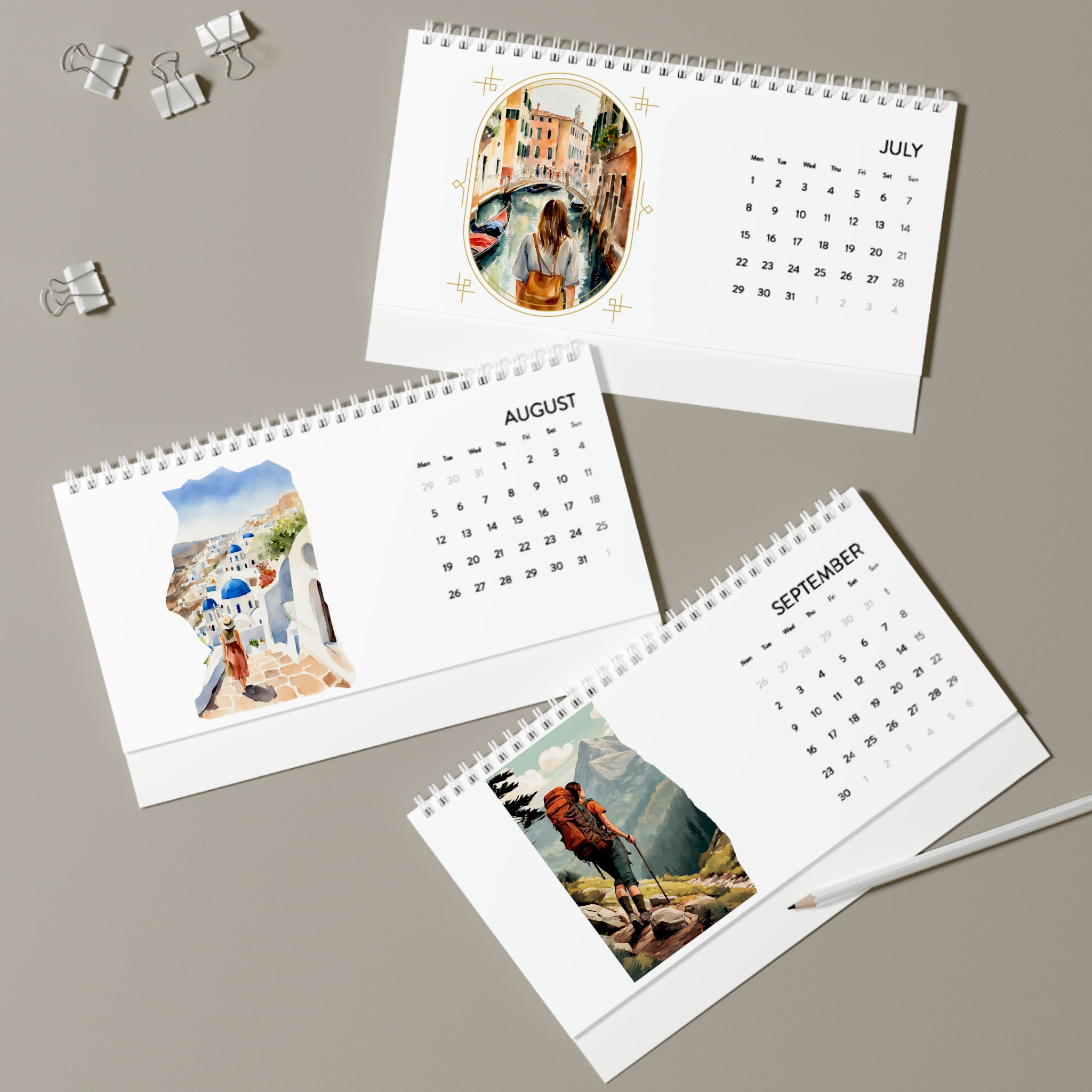 2024 Wanderlust Calendar Watercolors Desk Calendar Female Solo