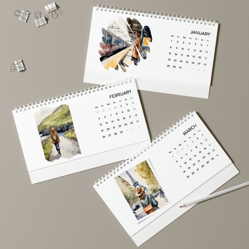 2024 Wanderlust Calendar Watercolors Desk Calendar Female Solo