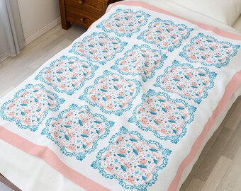 Velveteen Plush Blanket - Pink Ballerina Kitty Whimsical Throw, Teal Border, Cozy Winter Home Decor, Kids Bedroom Accent, Unique Gift Idea