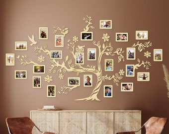 Arbre généalogique en bois avec cadres photo - 180 x 110 cm - Décoration murale, cadeau de famille parfait pour Noël ou un anniversaire