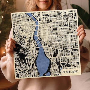 Mapa de madera de Portland en 3D hecho a mano - Arte teñido o de madera - Recuerdo de la ciudad verde