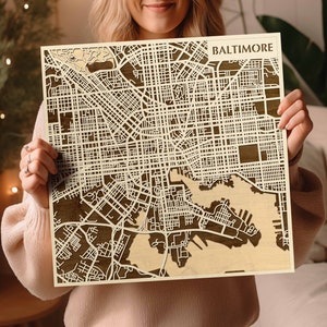 Carte en bois 3D de Baltimore fabriquée à la main - oeuvre d'art sur bois MD teinté - souvenir du port historique