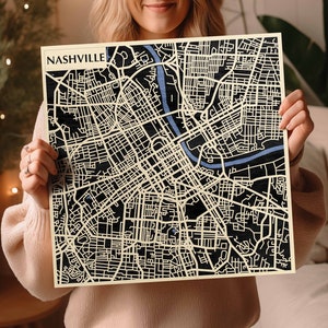 Carte en bois 3D Nashville fabriquée à la main - Art du bois teinté TN - Souvenir du Tennessee