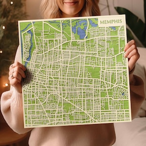 Carte en bois 3D de Memphis fabriquée à la main - Art sur bois teinté TN - Souvenir de Blues City