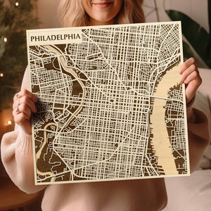 Carte en bois de Philadelphie fabriquée à la main - Art américain gravé au laser - Décoration murale 3D de Pennsylvanie