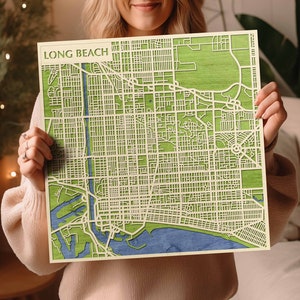 Carte en bois multicouche de Long Beach - décoration teintée 3D, souvenir de Californie, art laser de Long Beach
