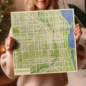 Carte de Chicago en bois 3D fabriquée à la main - plan de la ville gravé au laser - art mural Chicago - souvenir de l'Illinois - décoration de la ville des États-Unis - art en bois naturel