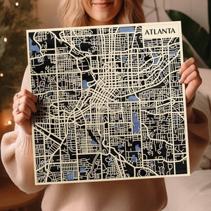 Carte en bois multicouche d’Atlanta - Décor teinté 3D, Souvenir de Géorgie, Laser Atlanta Art