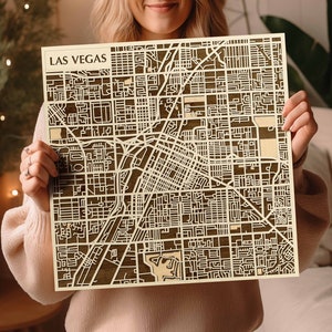 Carte en bois 3D fabriquée à la main de Las Vegas - Art sur bois teinté NV - Souvenir de Casino City