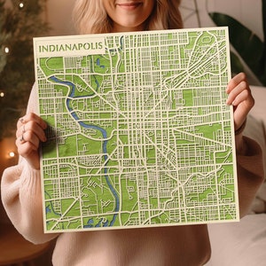 Carte d'Indianapolis 3D fabriquée à la main - Multicouche IN Wood Art - Indiana Wooden Craft