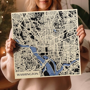 Carte en bois 3D de Washington fabriquée à la main - Art du bois teinté DC - Souvenir de la capitale