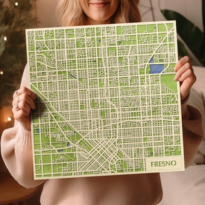 Handgemaakte 3D Fresno houten kaart - Gekleurde CA Wood Art - Valley City Souvenir