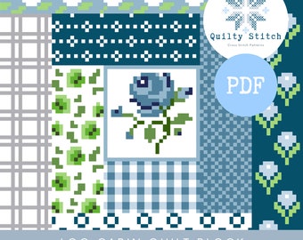 Kreuzstichvorlage - Patchwork Quilt Block Blockhaus Blaues Blumenmuster Stoff - Für Quilt-Liebhaber - PDF Instant Download