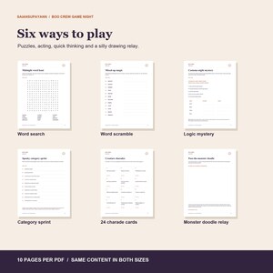 K&ouml;nnte beinhalten: Ein druckbares Boo Crew Game Night Set mit sechs Spielarten: Midnight word hunt, Mixed-up magic, Costume-night mystery, Spooky category sprint, Creature charades und Pass-the-monster doodle. Das Dokument enth&auml;lt 10 Seiten pro PDF.