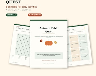 Druckbare Herbstpartyspiele: 6 Aktivitäten & 24 Gesprächskarten (PDF)
