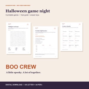 K&ouml;nnte beinhalten: Ein Set aus druckbaren Halloween-Spielen mit dem Titel Boo Crew Game Night, bestehend aus einer Mitternachts-Wortsuche, einem Kost&uuml;m-Nacht-Mysterium und Kreaturen-Charaden, inklusive Gastgeber-Leitfaden und Antwortschl&uuml;sseln als Download.