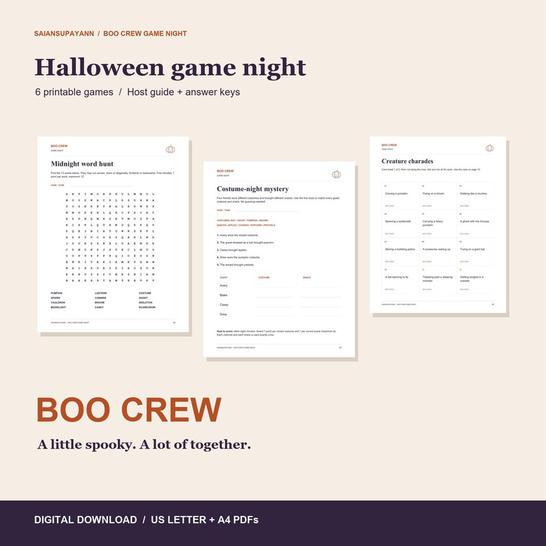 K&ouml;nnte beinhalten: Ein Set aus druckbaren Halloween-Spielen mit dem Titel Boo Crew Game Night, bestehend aus einer Mitternachts-Wortsuche, einem Kost&uuml;m-Nacht-Mysterium und Kreaturen-Charaden, inklusive Gastgeber-Leitfaden und Antwortschl&uuml;sseln als Download.