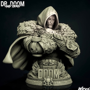 May include: A gray 3D printed bust of Doctor Doom, a fictional character from Marvel Comics. The bust is detailed with a hooded cape, armor, and a crown. The base of the bust features the words "Doctor Doom" and a winged emblem.