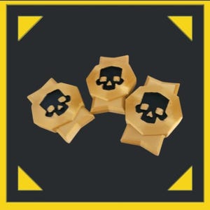 May include: Three gold-colored, stylized skull-shaped tokens with black skull details. The tokens are arranged on a dark gray background with a yellow border and yellow corner triangles. The tokens have a geometric design.