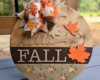 Hello Fall Wooden Door Hanger: Farmhouse Fall Leaves Porch Decor